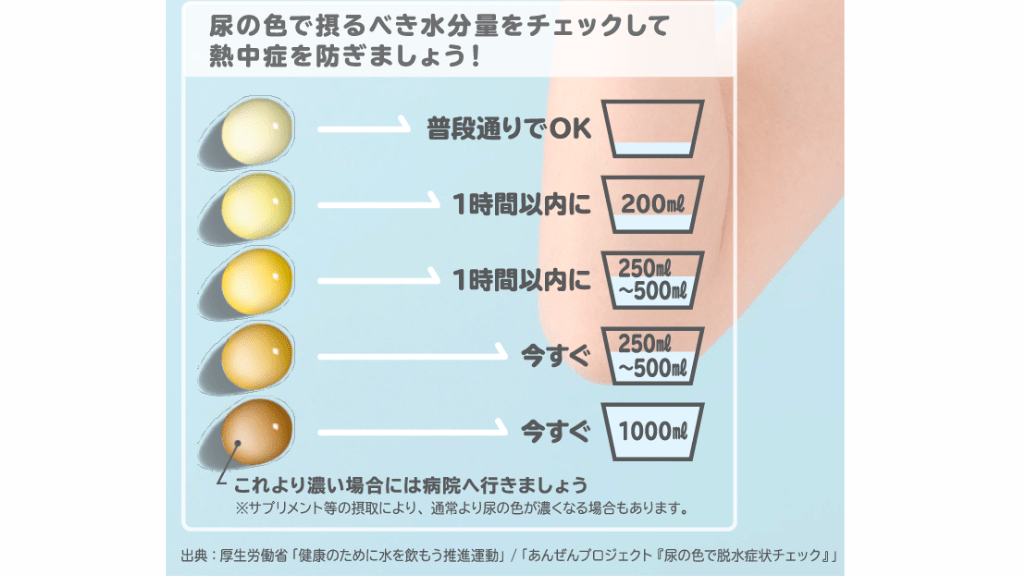 尿の色で脱水症の水分量をチェック 参考：神奈川県「みんなで熱中症対策！知識を持ち行動することで、防ぐことができます」