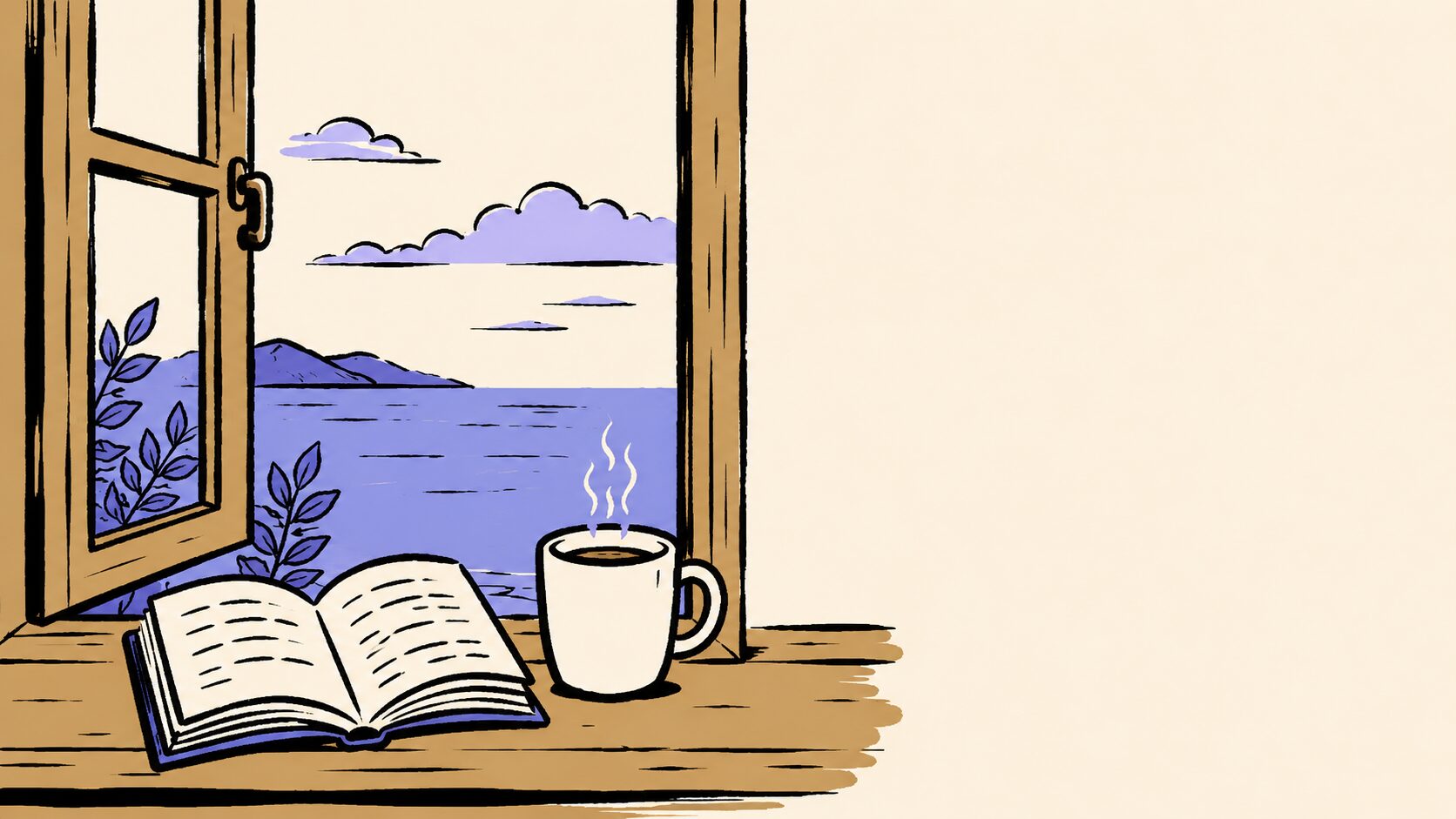 窓辺の本と海とカップ — へるし医ヒーロー画像