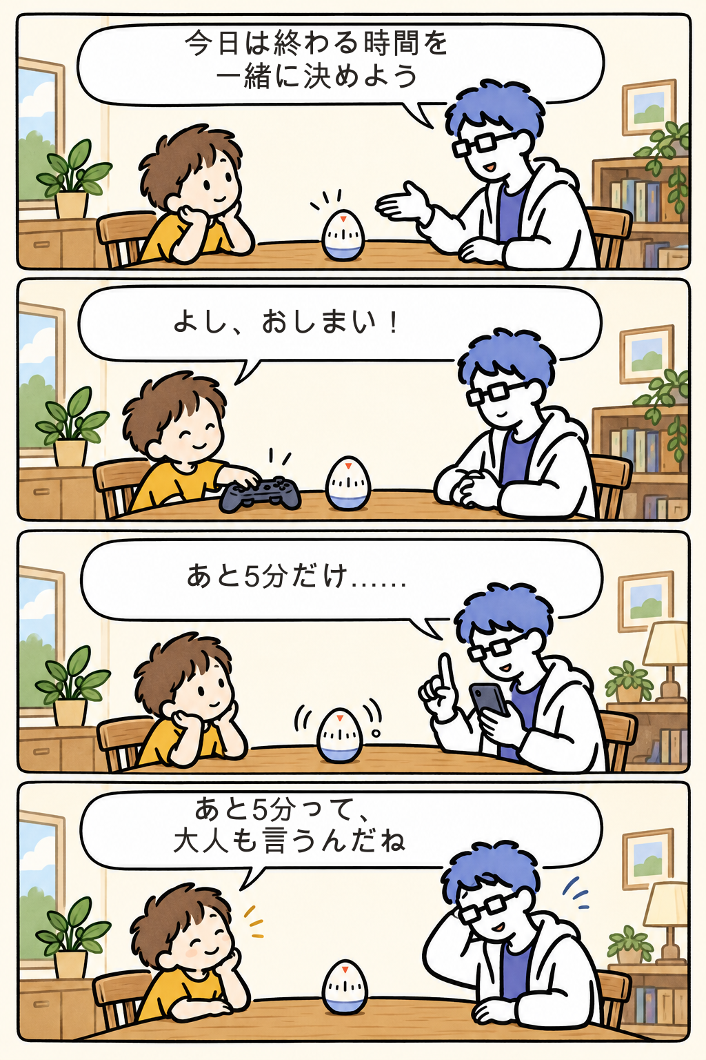 終わる時間を一緒に決めたあと、大人も「あと5分だけ」と言ってしまう4コマ