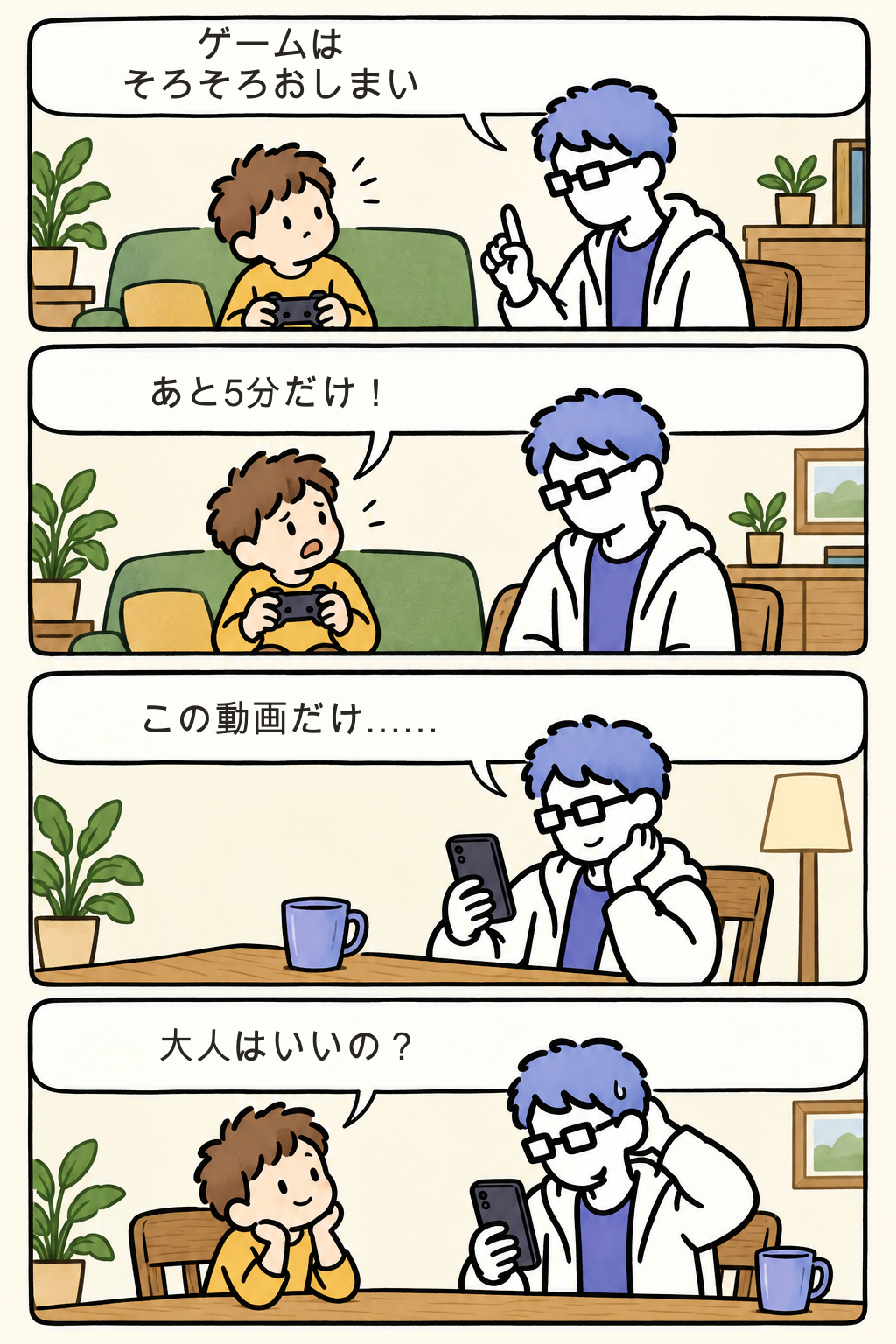 子どもにゲームや動画をやめるよう伝えた大人も、スマートフォンを見ている4コマ